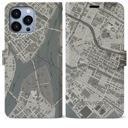 【門前仲町（東京都）】地図柄iPhoneケース（手帳タイプ）モノトーン・iPhone 13 Pro Max 用