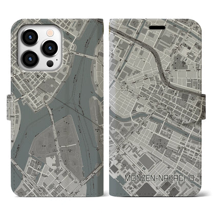 【門前仲町（東京都）】地図柄iPhoneケース（手帳タイプ）モノトーン・iPhone 13 Pro 用