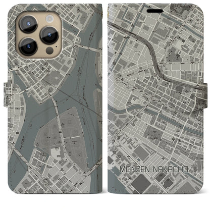 【門前仲町（東京都）】地図柄iPhoneケース（手帳タイプ）モノトーン・iPhone 14 Pro Max 用