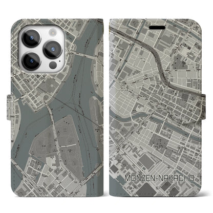 【門前仲町（東京都）】地図柄iPhoneケース（手帳タイプ）モノトーン・iPhone 14 Pro 用