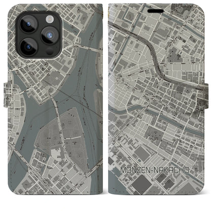 【門前仲町（東京都）】地図柄iPhoneケース（手帳タイプ）モノトーン・iPhone 15 Pro Max 用