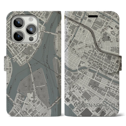 【門前仲町（東京都）】地図柄iPhoneケース（手帳タイプ）モノトーン・iPhone 15 Pro 用