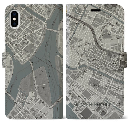 【門前仲町（東京都）】地図柄iPhoneケース（手帳タイプ）モノトーン・iPhone XS Max 用