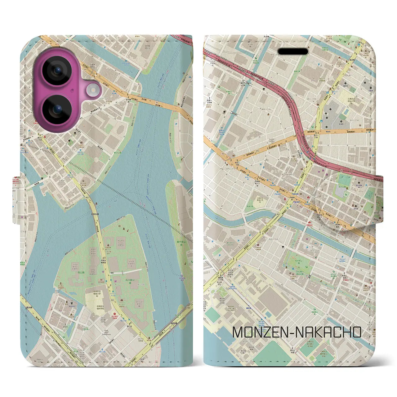 【門前仲町（東京都）】地図柄iPhoneケース（手帳タイプ）ナチュラル・iPhone 16 Pro 用