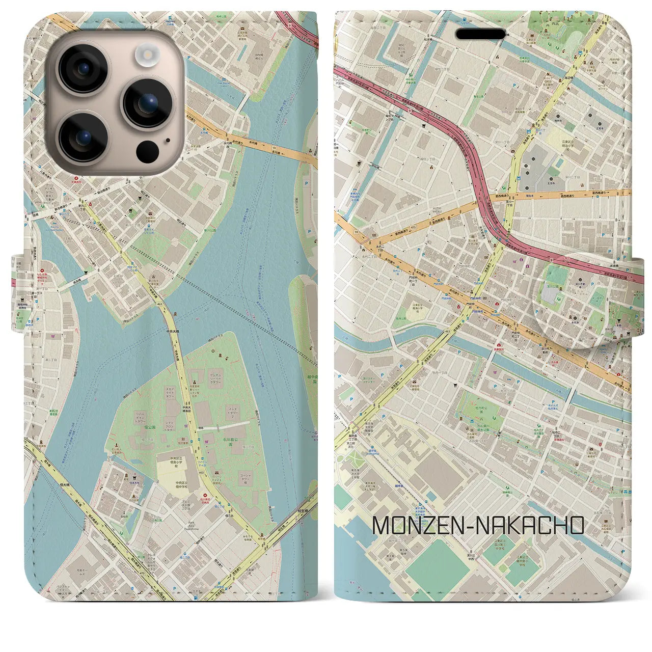 【門前仲町（東京都）】地図柄iPhoneケース（手帳タイプ）ナチュラル・iPhone 16 Plus 用