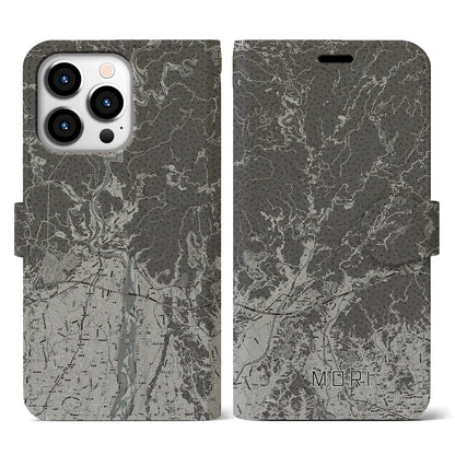 【森（静岡県）】地図柄iPhoneケース（手帳タイプ）モノトーン・iPhone 13 Pro 用