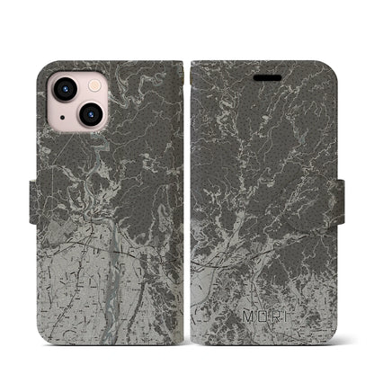 【森（静岡県）】地図柄iPhoneケース（手帳タイプ）モノトーン・iPhone 13 mini 用