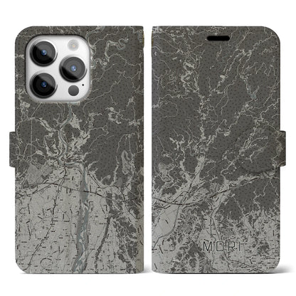 【森（静岡県）】地図柄iPhoneケース（手帳タイプ）モノトーン・iPhone 14 Pro 用