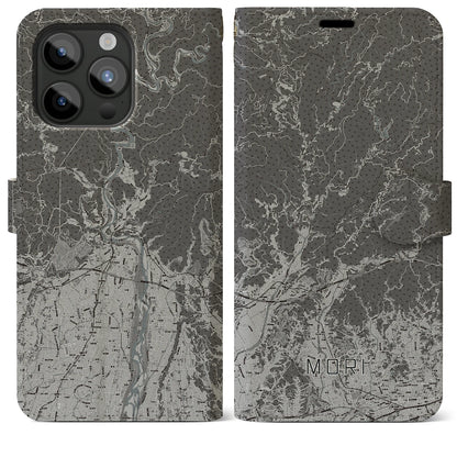 【森（静岡県）】地図柄iPhoneケース（手帳タイプ）モノトーン・iPhone 15 Pro Max 用