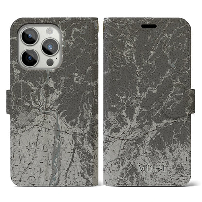 【森（静岡県）】地図柄iPhoneケース（手帳タイプ）モノトーン・iPhone 15 Pro 用