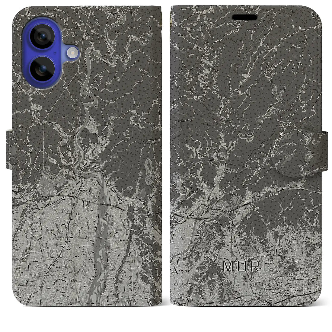 【森(静岡県)】地図柄iPhoneケース(手帳タイプ)モノトーン・iPhone 16 Pro Max 用