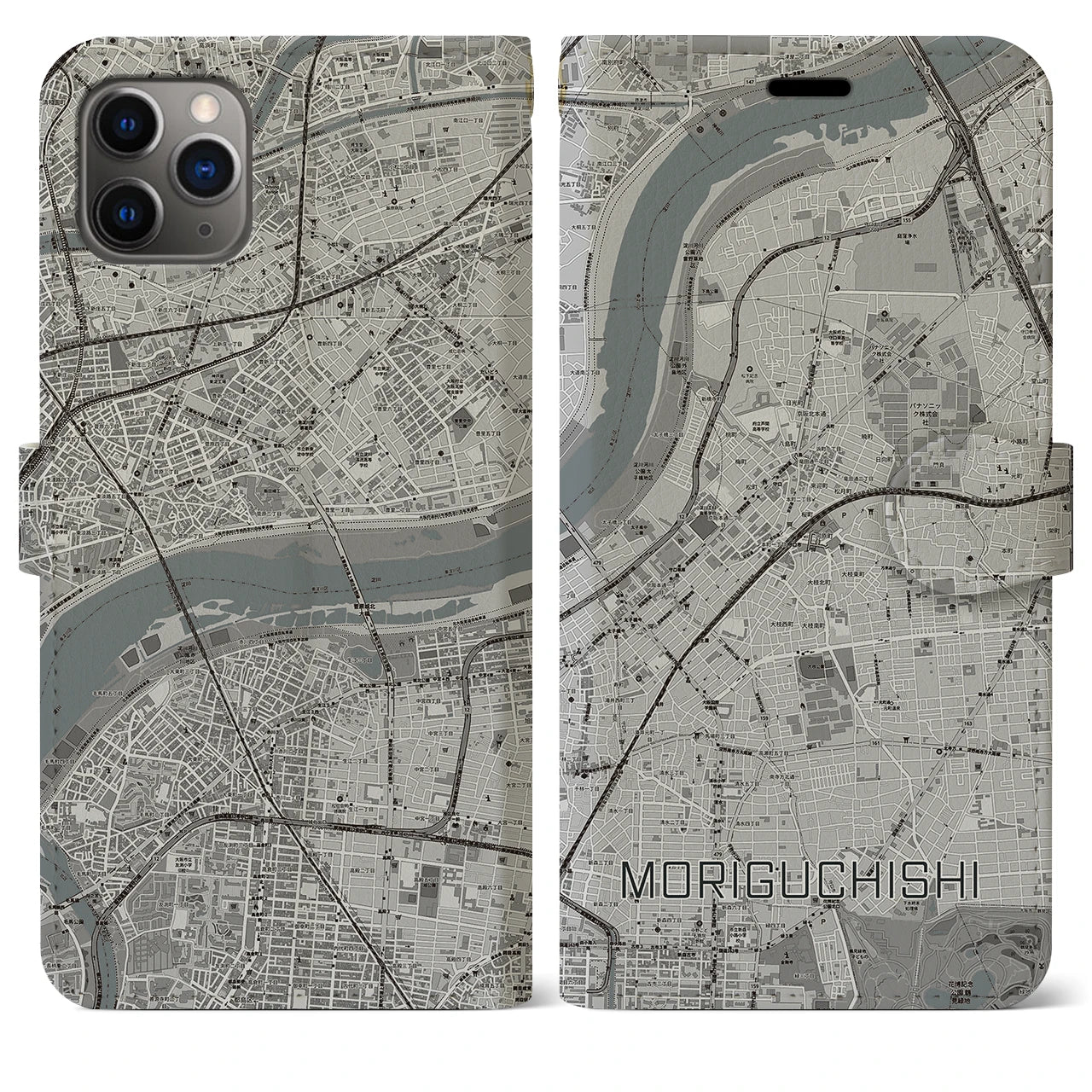 【守口市】地図柄iPhoneケース（手帳両面タイプ・モノトーン）iPhone 11 Pro Max 用