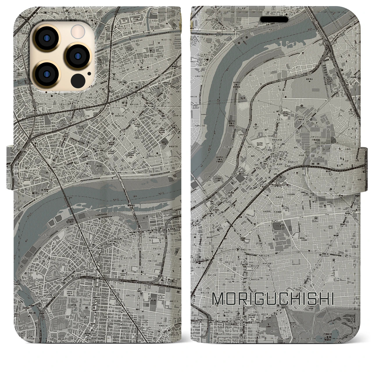 【守口市】地図柄iPhoneケース（手帳両面タイプ・モノトーン）iPhone 12 Pro Max 用