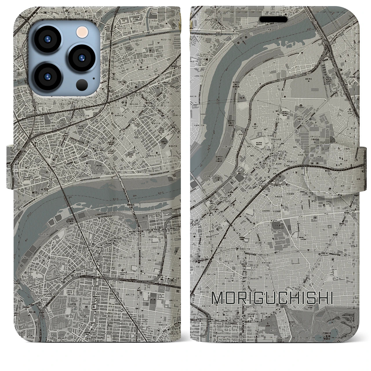 【守口市】地図柄iPhoneケース（手帳両面タイプ・モノトーン）iPhone 13 Pro Max 用