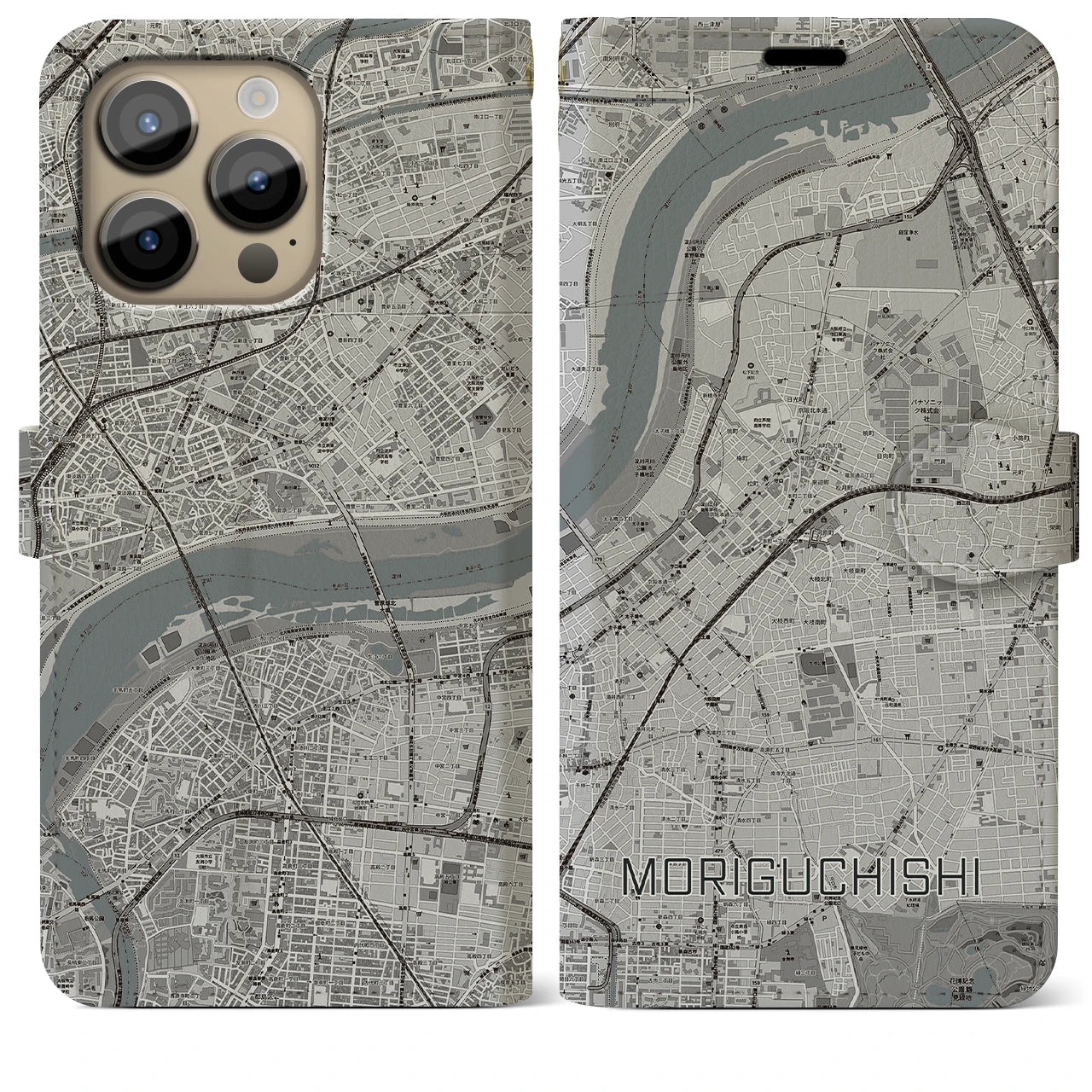 【守口市】地図柄iPhoneケース（手帳両面タイプ・モノトーン）iPhone 14 Pro Max 用