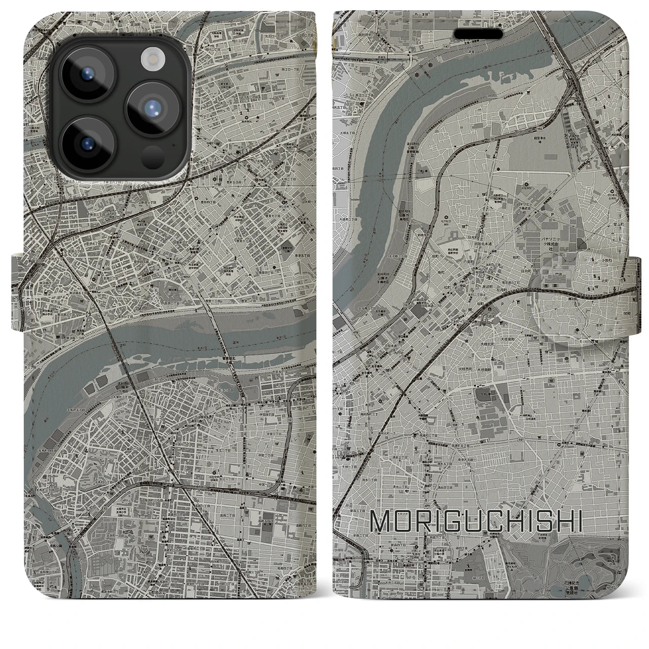 【守口市】地図柄iPhoneケース（手帳両面タイプ・モノトーン）iPhone 15 Pro Max 用