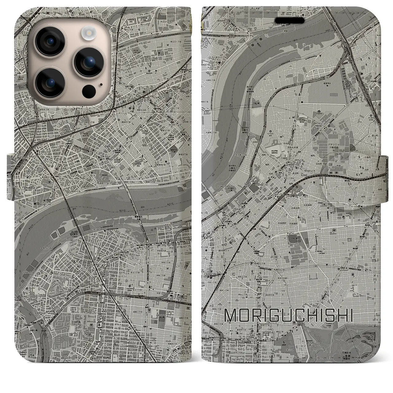 【守口市（大阪府）】地図柄iPhoneケース（手帳タイプ）モノトーン・iPhone 16 Plus 用