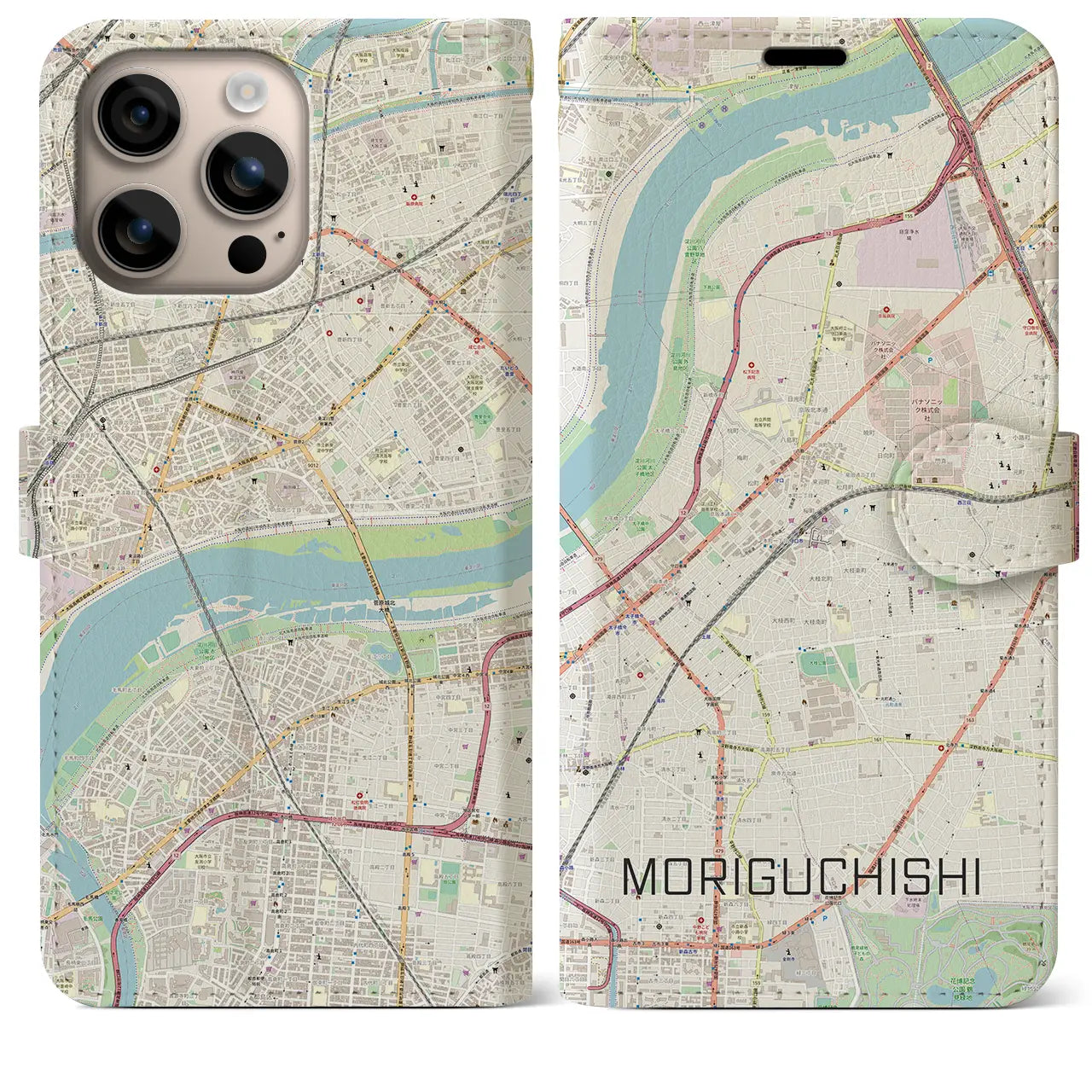 【守口市（大阪府）】地図柄iPhoneケース（手帳タイプ）ナチュラル・iPhone 16 Plus 用