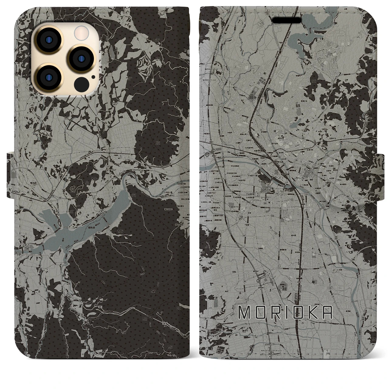 【盛岡】地図柄iPhoneケース（手帳両面タイプ・モノトーン）iPhone 12 Pro Max 用