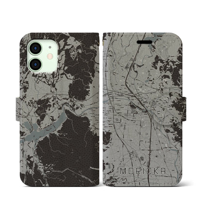 【盛岡（岩手県）】地図柄iPhoneケース（手帳タイプ）モノトーン・iPhone 12 mini 用