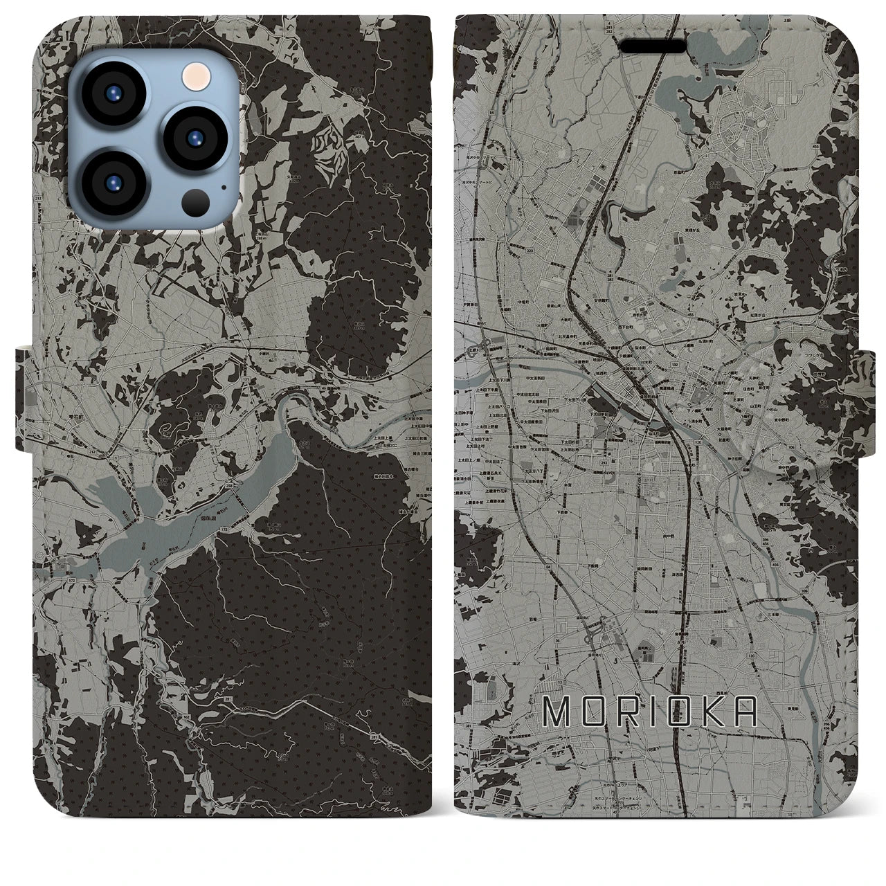 【盛岡】地図柄iPhoneケース（手帳両面タイプ・モノトーン）iPhone 13 Pro Max 用