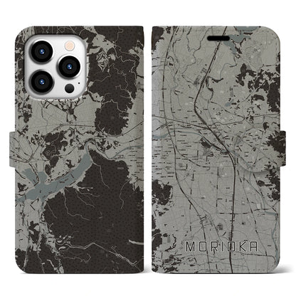 【盛岡（岩手県）】地図柄iPhoneケース（手帳タイプ）モノトーン・iPhone 13 Pro 用