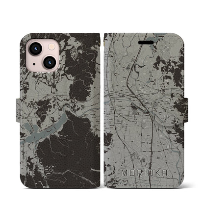 【盛岡（岩手県）】地図柄iPhoneケース（手帳タイプ）モノトーン・iPhone 13 mini 用