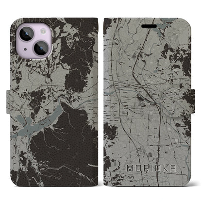 【盛岡（岩手県）】地図柄iPhoneケース（手帳タイプ）モノトーン・iPhone 14 用