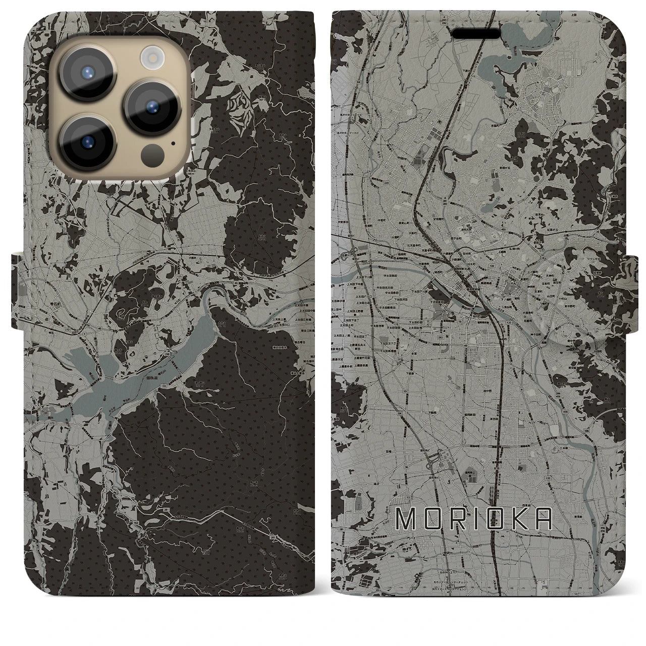 【盛岡】地図柄iPhoneケース（手帳両面タイプ・モノトーン）iPhone 14 Pro Max 用