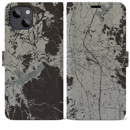 【盛岡（岩手県）】地図柄iPhoneケース（手帳タイプ）モノトーン・iPhone 14 Plus 用