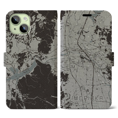 【盛岡（岩手県）】地図柄iPhoneケース（手帳タイプ）モノトーン・iPhone 15 用