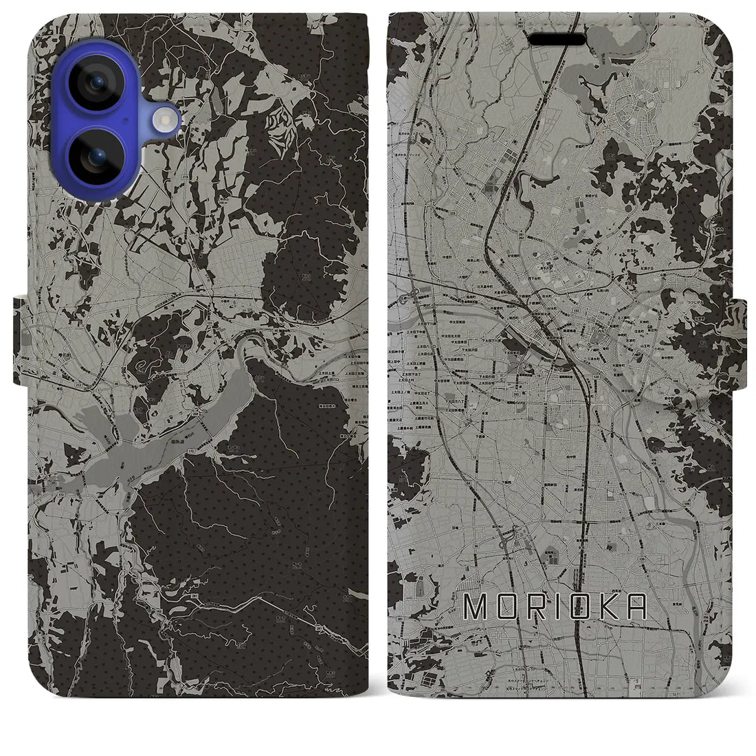 【盛岡(岩手県)】地図柄iPhoneケース(手帳タイプ)モノトーン・iPhone 16 Pro Max 用