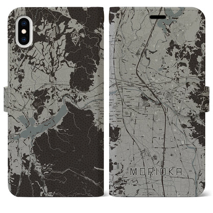 【盛岡（岩手県）】地図柄iPhoneケース（手帳タイプ）モノトーン・iPhone XS Max 用