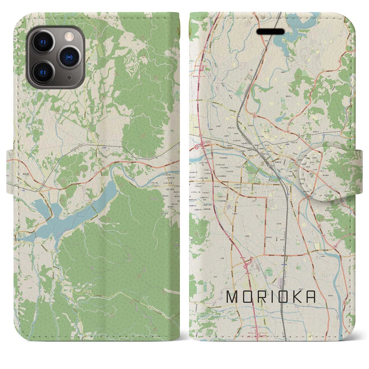 【盛岡】地図柄iPhoneケース（手帳両面タイプ・ナチュラル）iPhone 11 Pro Max 用
