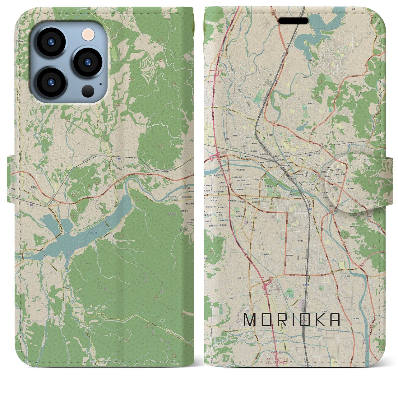 【盛岡】地図柄iPhoneケース（手帳両面タイプ・ナチュラル）iPhone 13 Pro Max 用