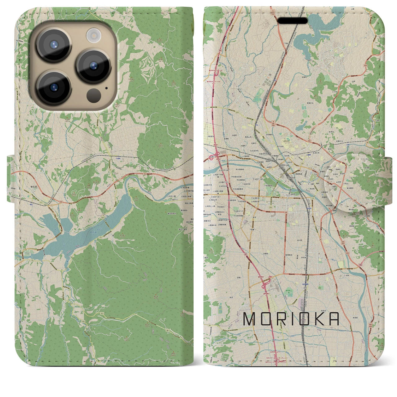 【盛岡】地図柄iPhoneケース（手帳両面タイプ・ナチュラル）iPhone 14 Pro Max 用