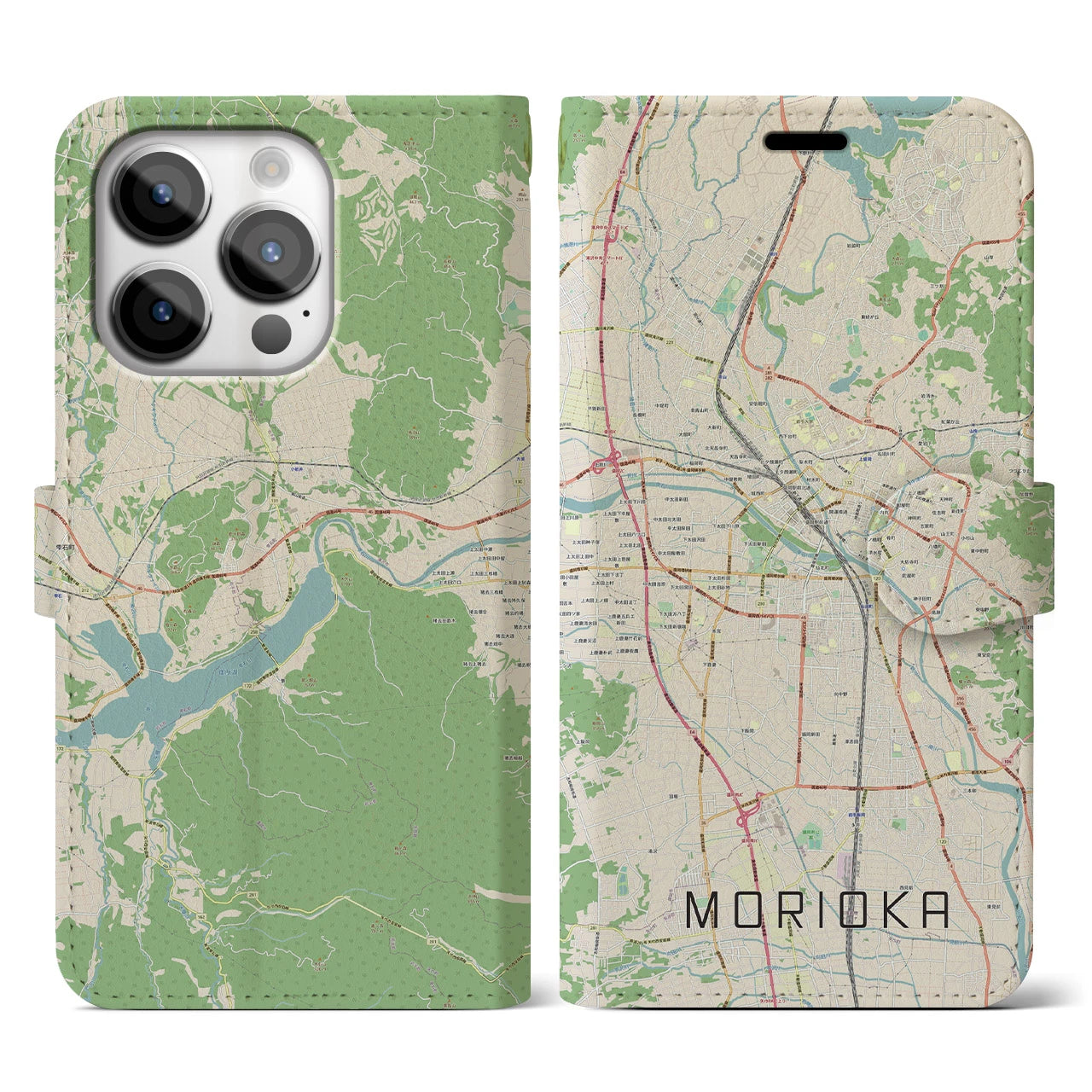 【盛岡】地図柄iPhoneケース（手帳両面タイプ・ナチュラル）iPhone 14 Pro 用
