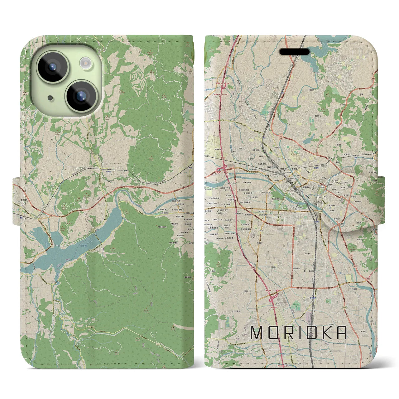 【盛岡】地図柄iPhoneケース（手帳両面タイプ・ナチュラル）iPhone 15 用