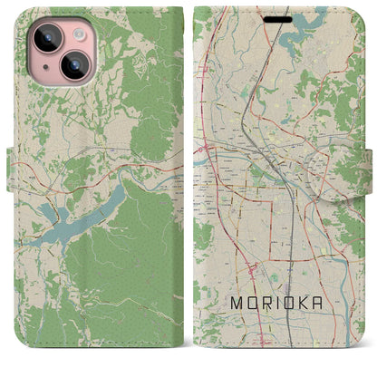 【盛岡（岩手県）】地図柄iPhoneケース（手帳タイプ）ナチュラル・iPhone 15 Plus 用