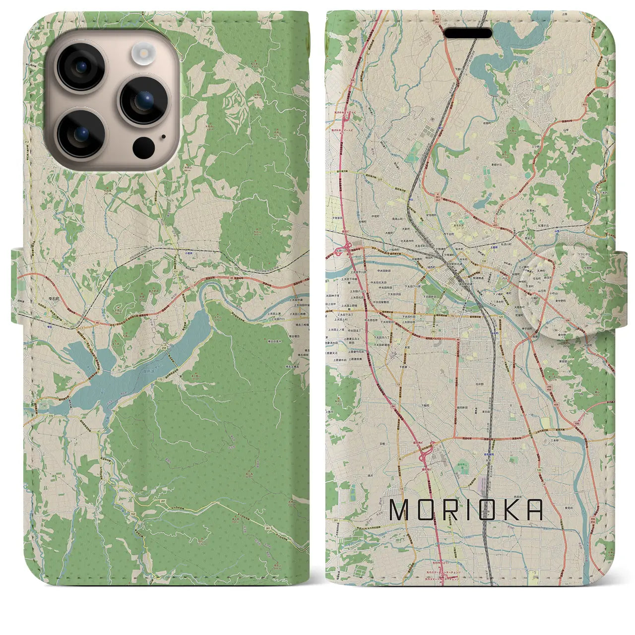 【盛岡（岩手県）】地図柄iPhoneケース（手帳タイプ）ナチュラル・iPhone 16 Plus 用