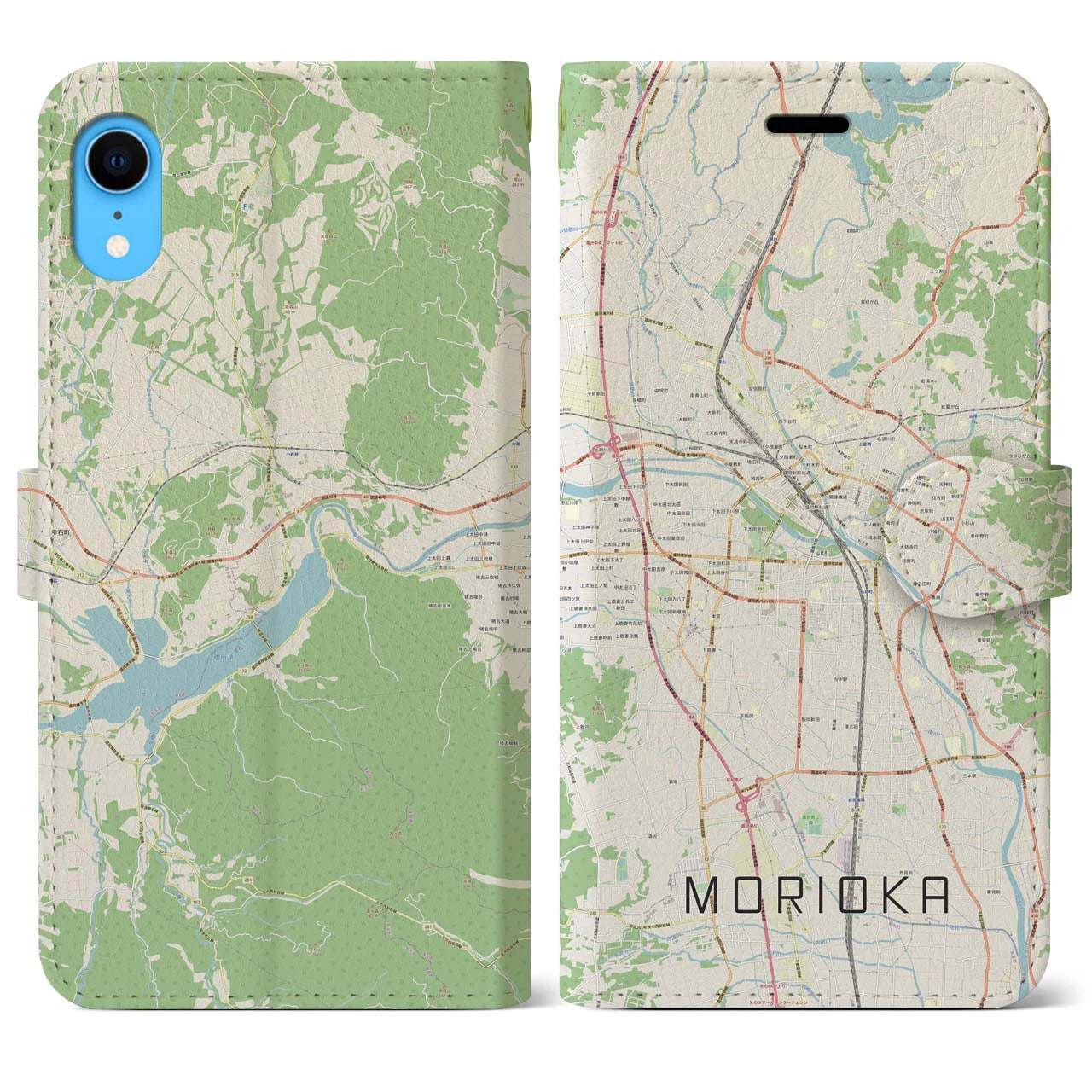 【盛岡】地図柄iPhoneケース（手帳両面タイプ・ナチュラル）iPhone XR 用