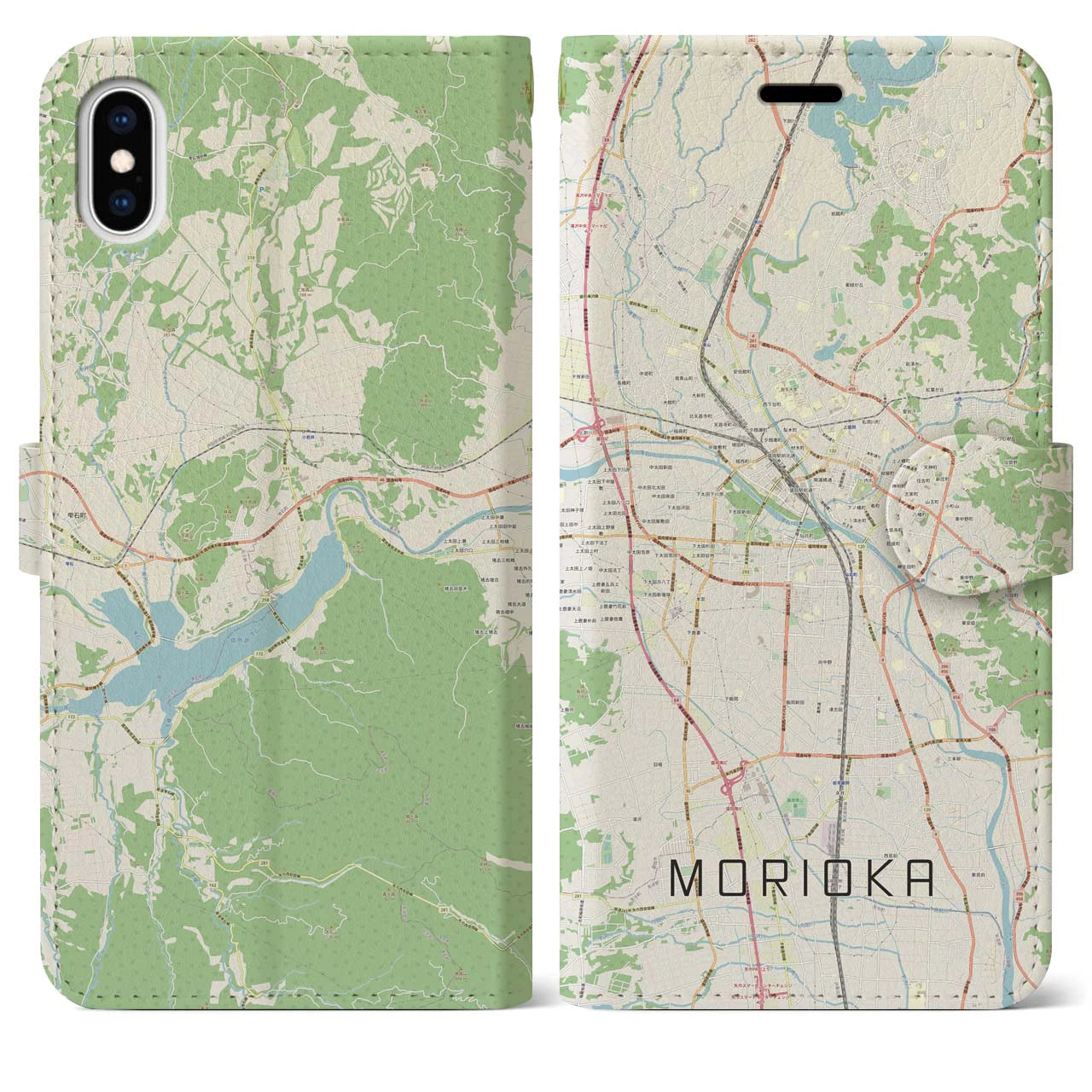 【盛岡】地図柄iPhoneケース（手帳両面タイプ・ナチュラル）iPhone XS Max 用