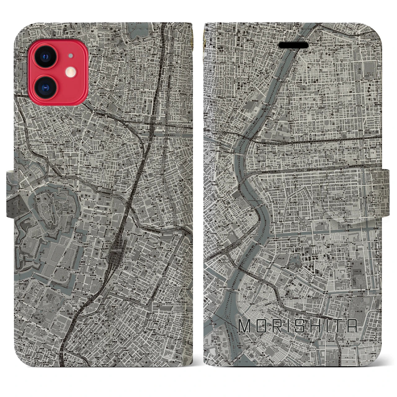 【森下】地図柄iPhoneケース（手帳両面タイプ・モノトーン）iPhone 11 用