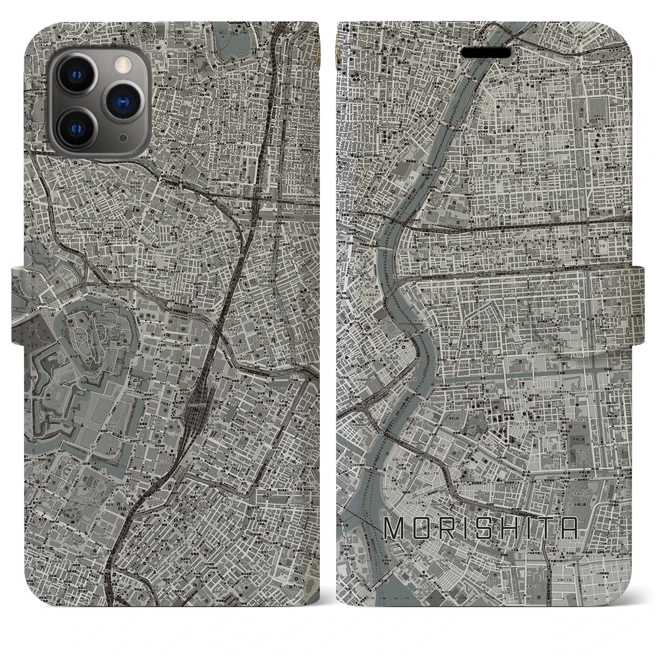 【森下】地図柄iPhoneケース（手帳両面タイプ・モノトーン）iPhone 11 Pro Max 用