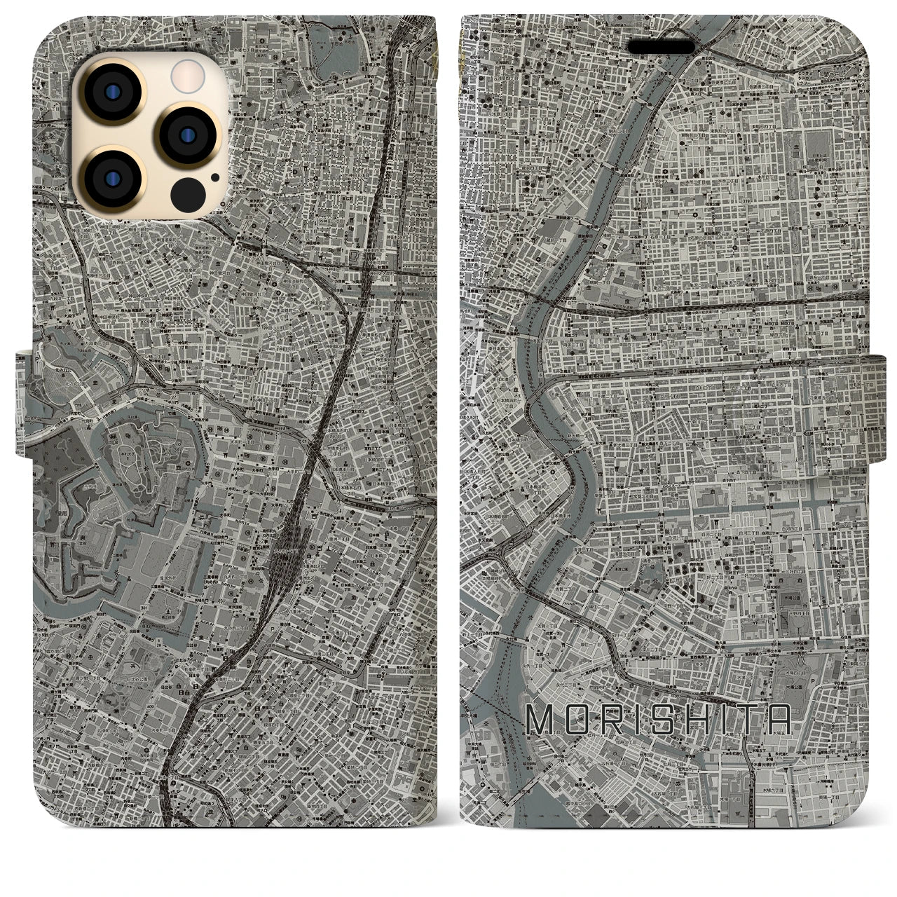 【森下】地図柄iPhoneケース（手帳両面タイプ・モノトーン）iPhone 12 Pro Max 用