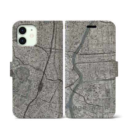 【森下（東京都）】地図柄iPhoneケース（手帳タイプ）モノトーン・iPhone 12 mini 用