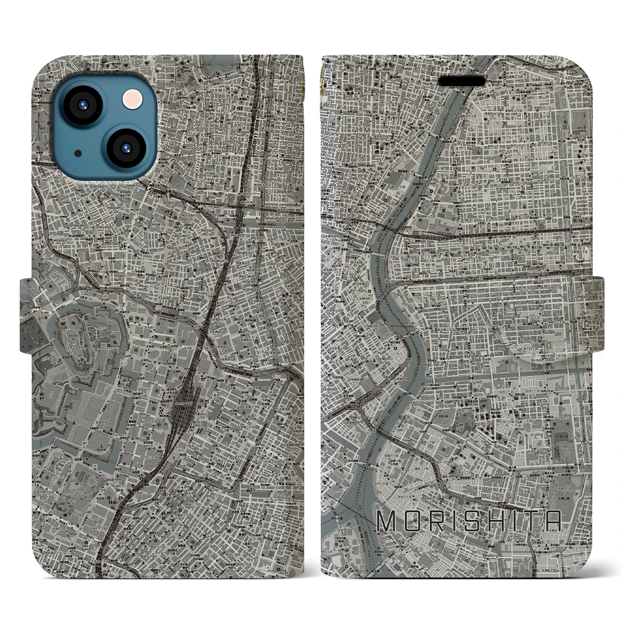 【森下】地図柄iPhoneケース（手帳両面タイプ・モノトーン）iPhone 13 用