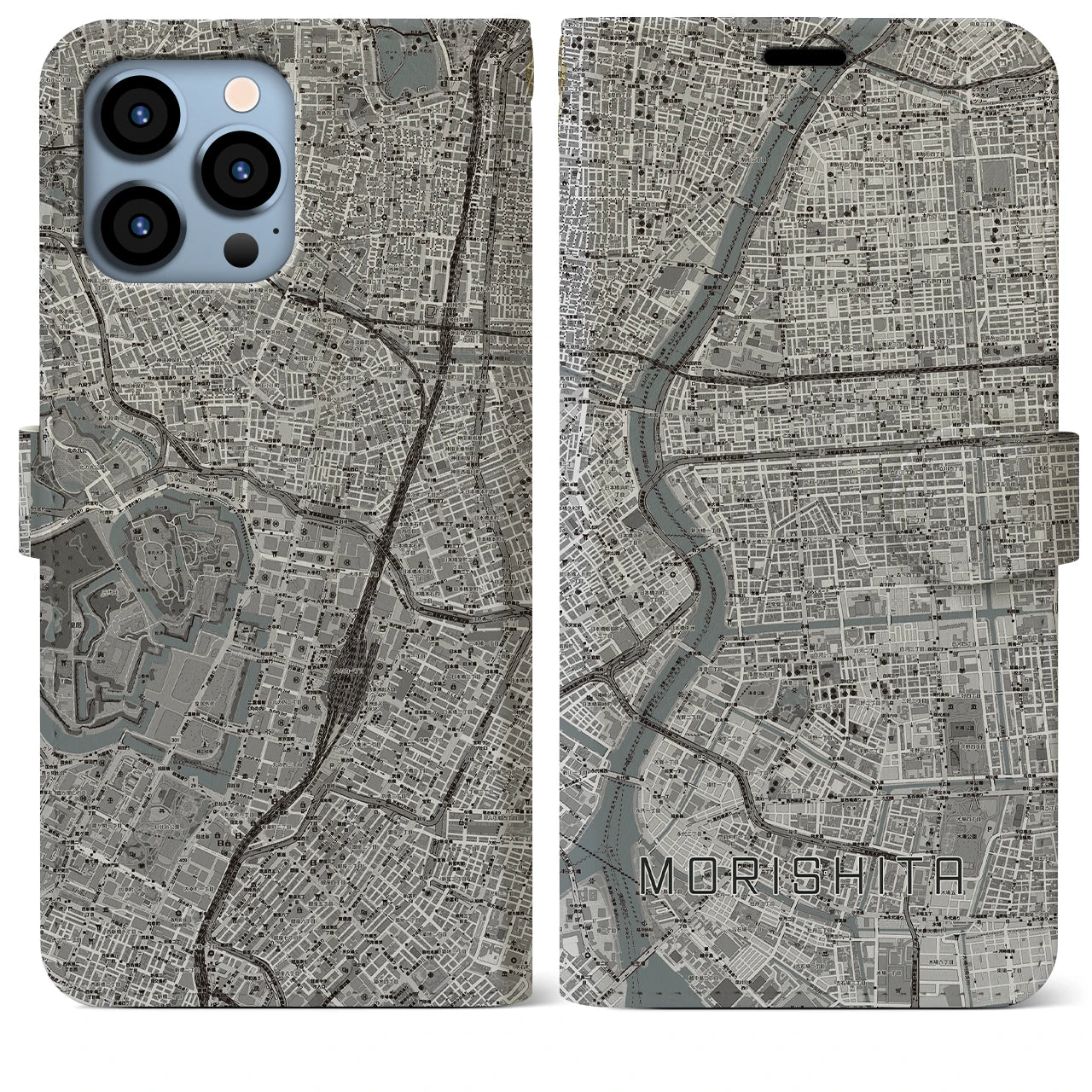 【森下】地図柄iPhoneケース（手帳両面タイプ・モノトーン）iPhone 13 Pro Max 用