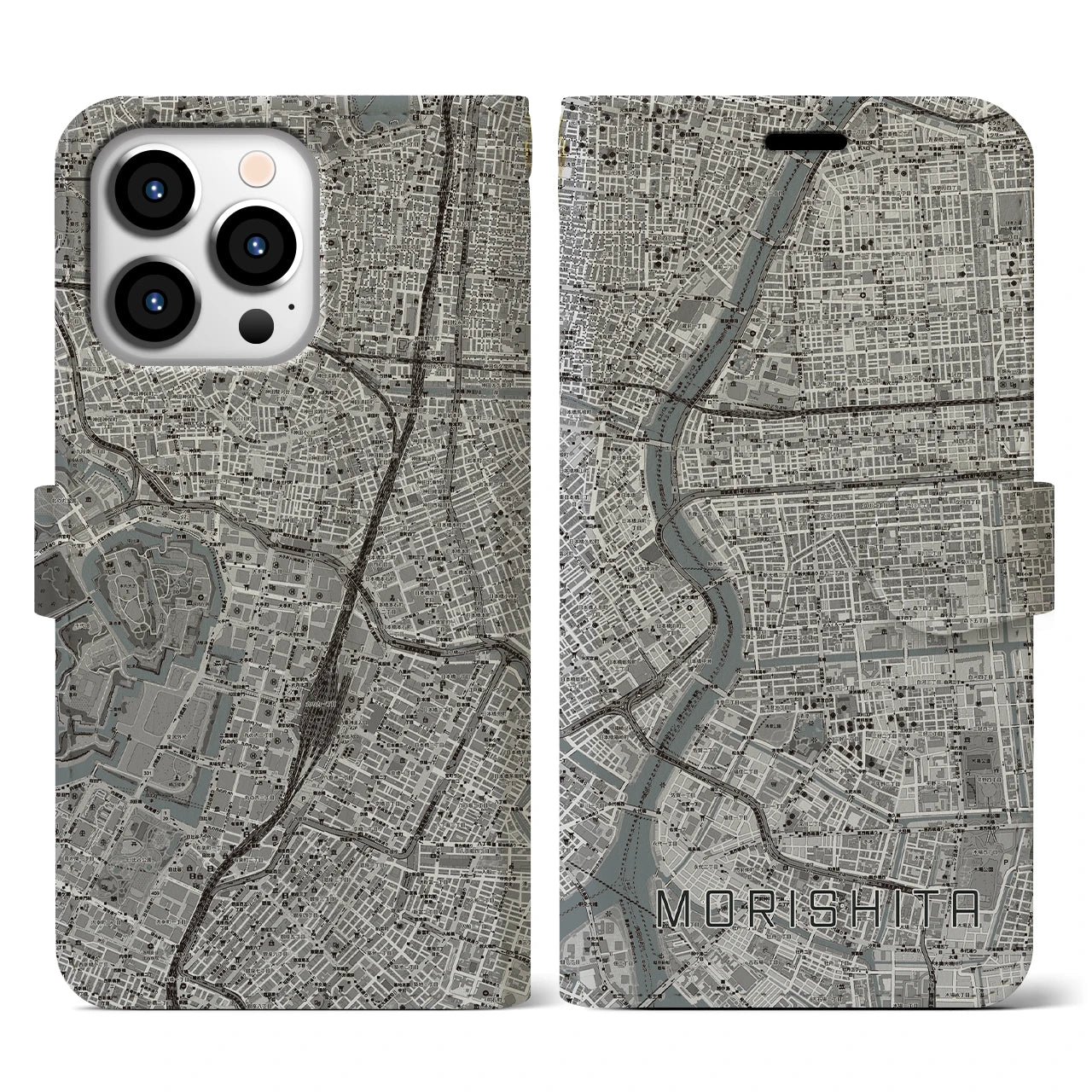 【森下】地図柄iPhoneケース（手帳両面タイプ・モノトーン）iPhone 13 Pro 用