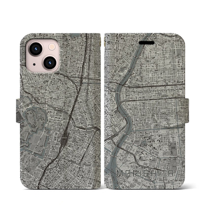 【森下（東京都）】地図柄iPhoneケース（手帳タイプ）モノトーン・iPhone 13 mini 用